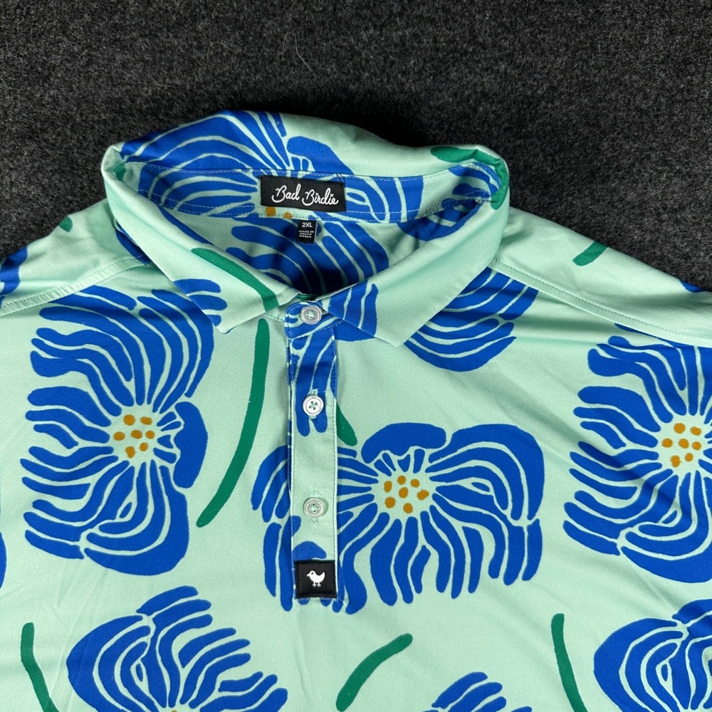 Bad Birdie Mens 2XL Golf Polo Shirt Mint Green Blue Floral Performance Stretch